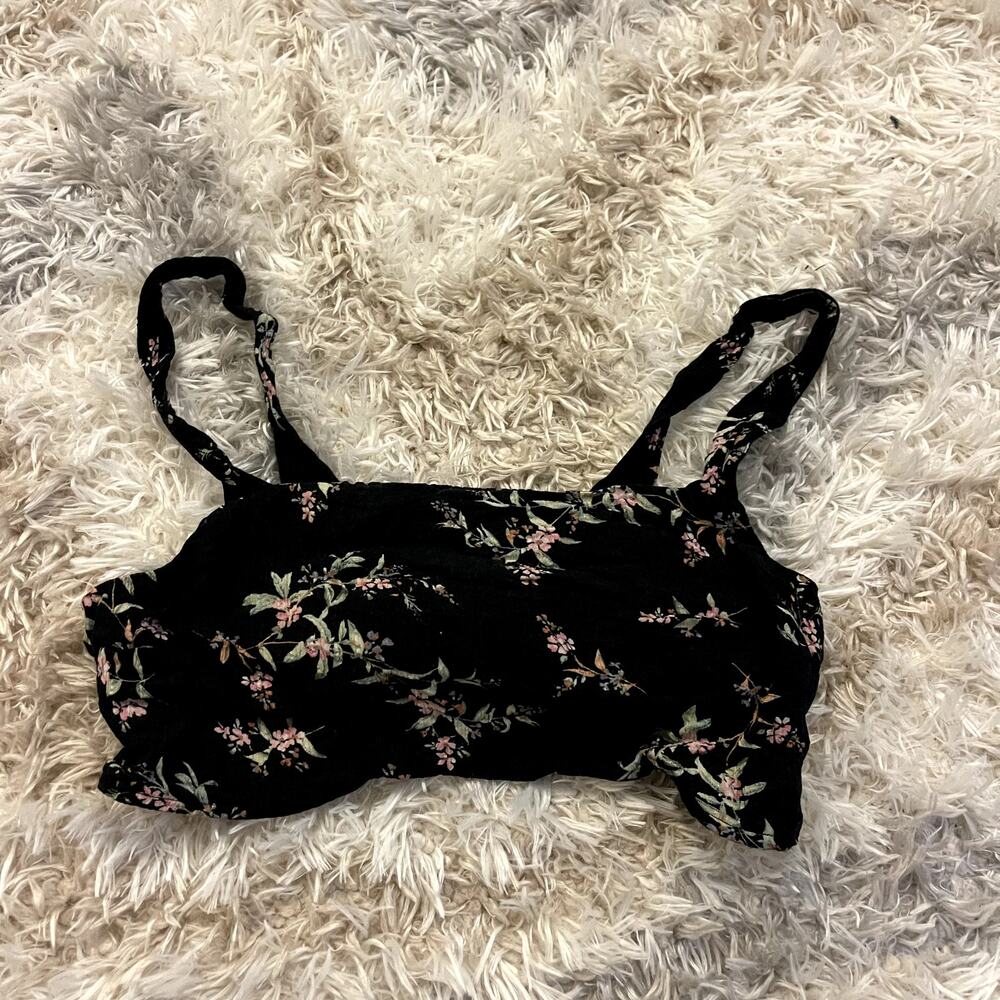 American Eagle Black and Multicolored Floral Wide Strap Crop Top Size Large